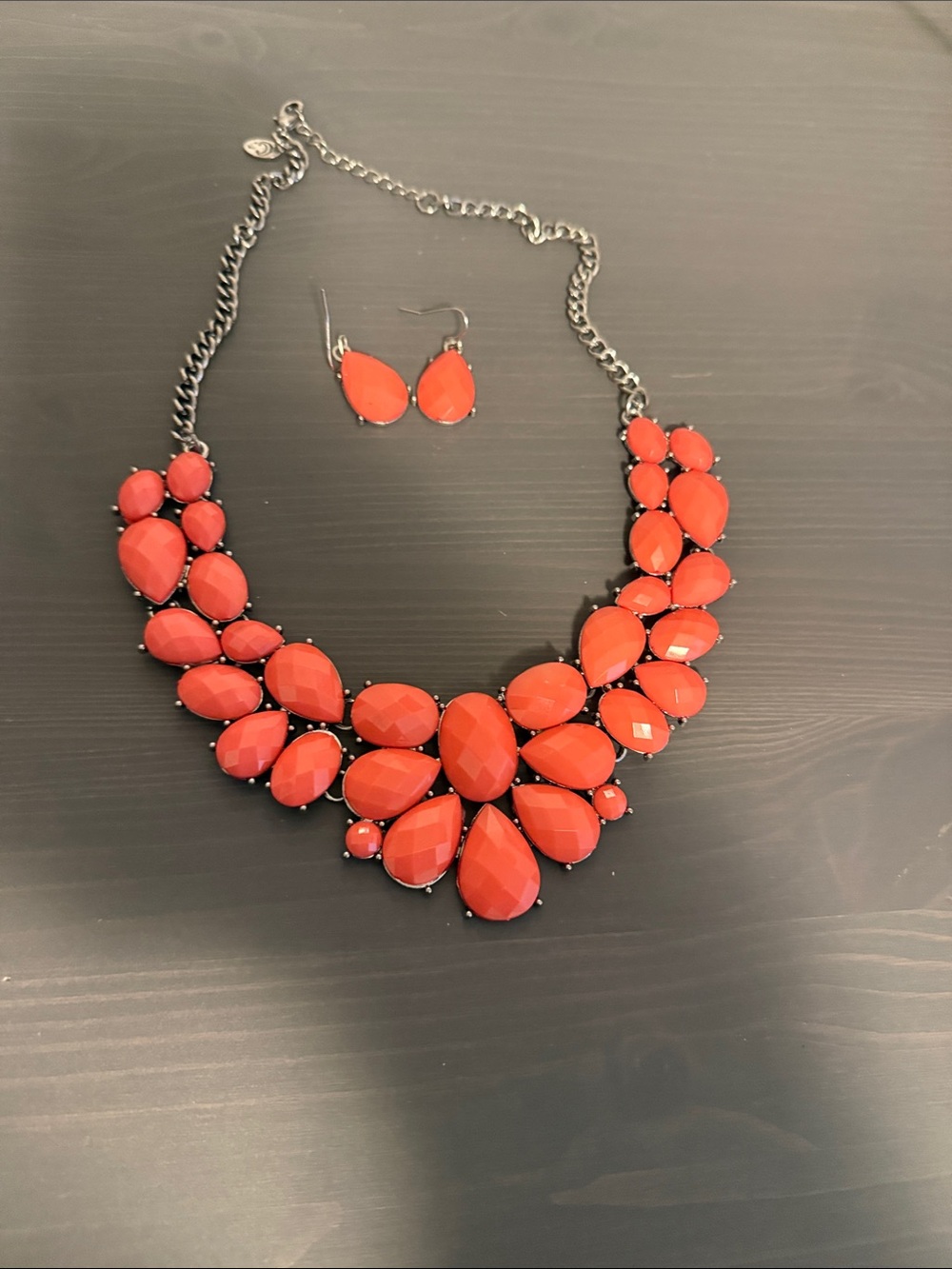Charming Charlie Coral Cluster Bib Necklace with Matching Earrings